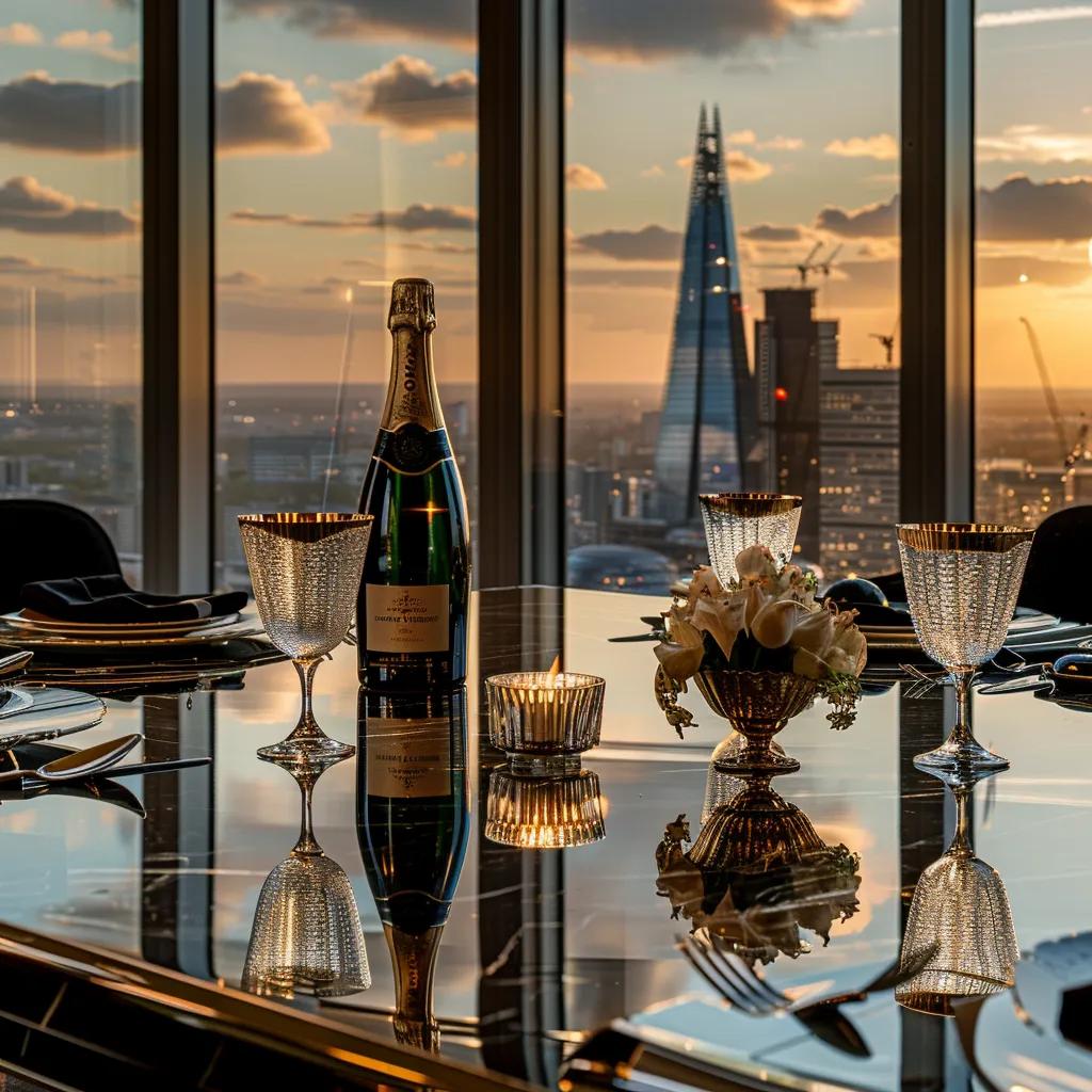 a lavishly arranged dining table in an upscale london apartment, adorned with exquisite champagne flutes and an elegantly presented bottle of vintage champagne, set against a backdrop of stylish décor and city skyline views through panoramic windows.