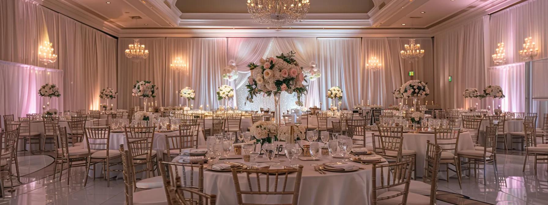a lavishly decorated reception hall in laval, featuring elegantly set tables with sophisticated floral arrangements and ambient lighting, where a professional event planner oversees the seamless execution of a glamorous celebration.
