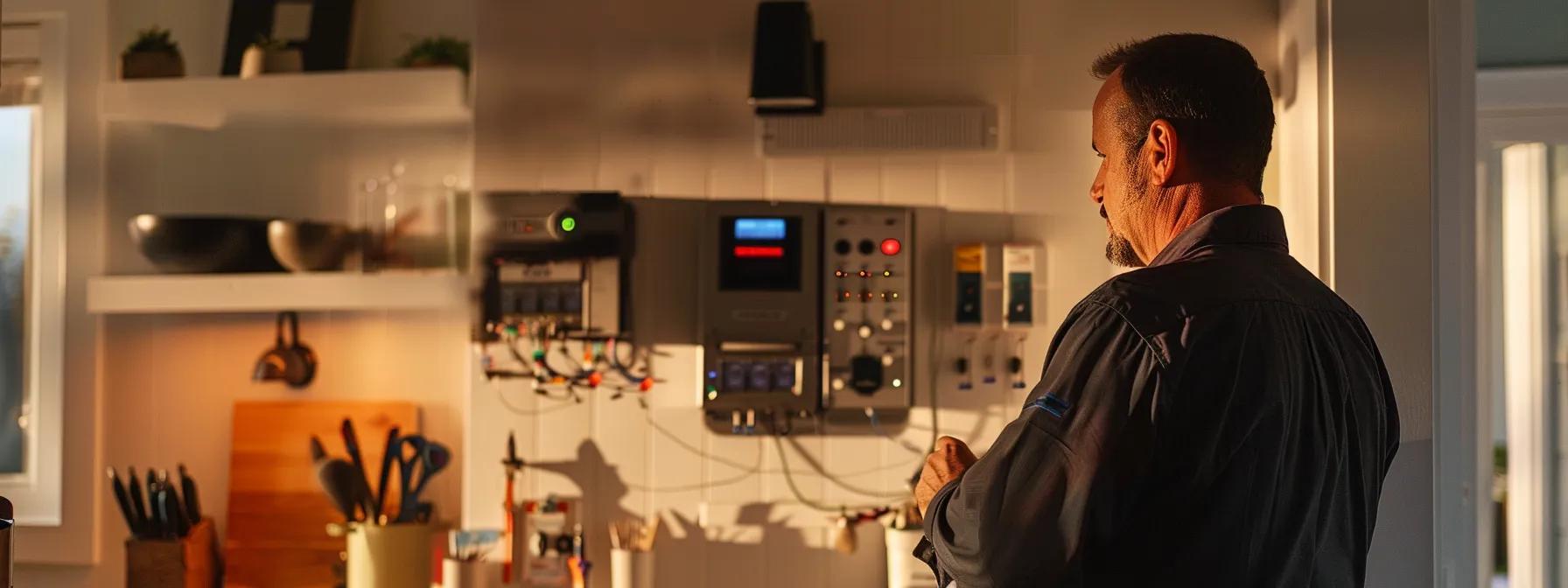 a licensed electrician confidently inspects a modern cape cod home’s electrical panel, surrounded by sleek tools and equipment in a well-lit, contemporary interior. a licensed electrician confidently inspects a modern cape cod home’s electrical panel, surrounded by sleek tools and equipment in a well-lit, contemporary interior.