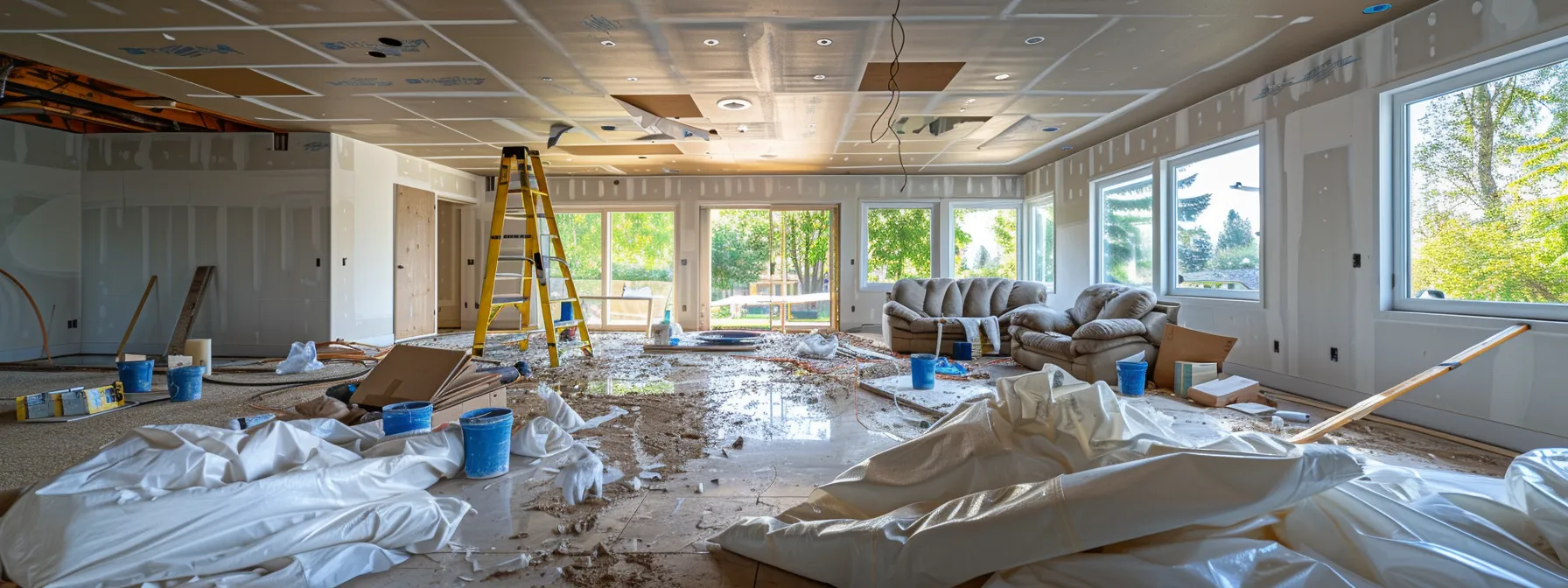 a lived-in home with light water damage visible on the ceiling and walls, showcasing a clean-up crew diligently restoring the space under soft, natural daylight filtering through the windows.