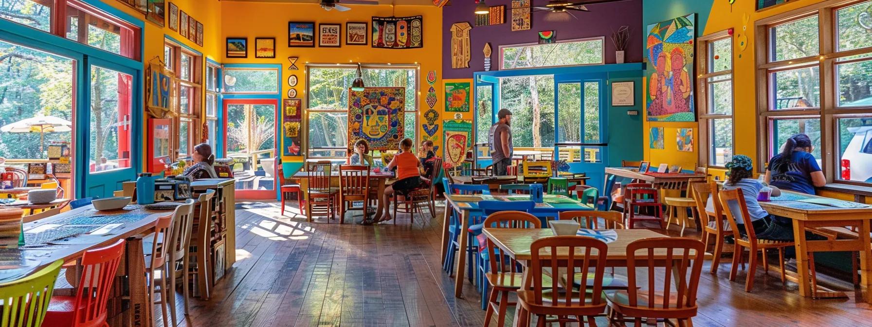 a lively gallery interior in blue ridge, georgia, showcases colorful contemporary artworks and vibrant local crafts, inviting families to immerse themselves in the town's rich artistic culture. a lively gallery interior in blue ridge, georgia, showcases colorful contemporary artworks and vibrant local crafts, inviting families to immerse themselves in the town's rich artistic culture.