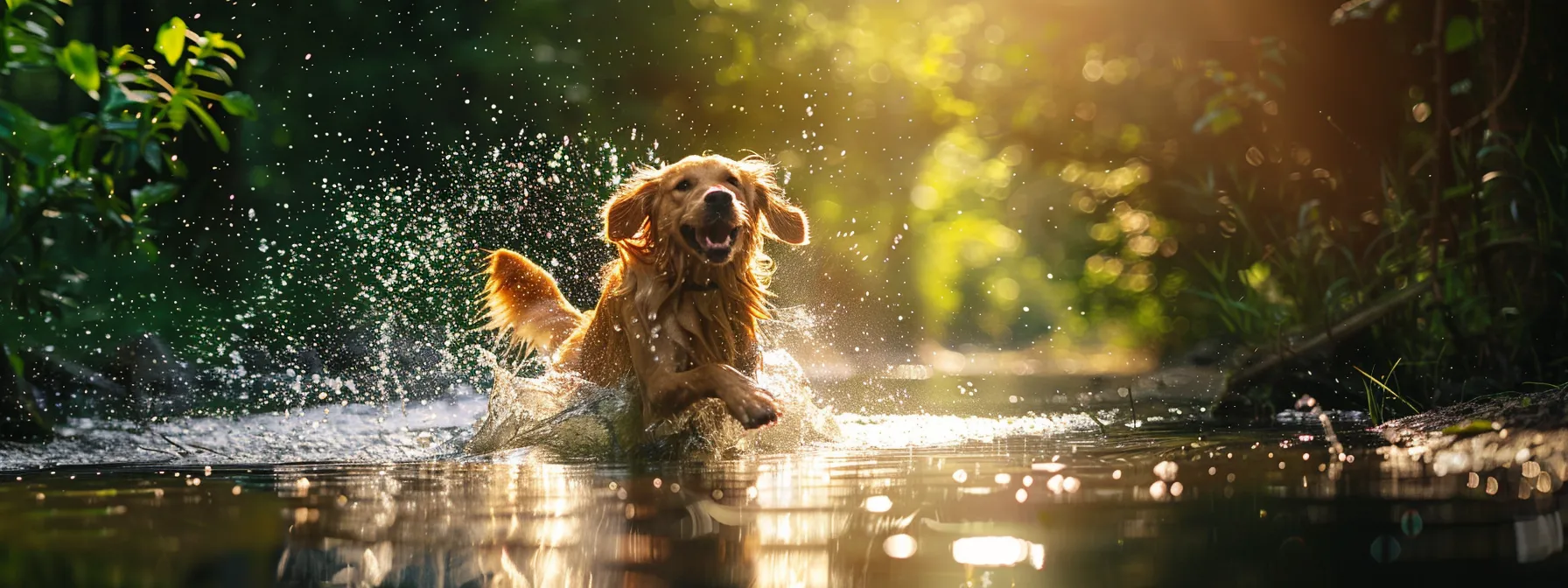 a lively golden retriever joyfully splashes through a sunlit lake, droplets sparkling in the air, surrounded by lush greenery that enhances the vibrant energy of the moment.