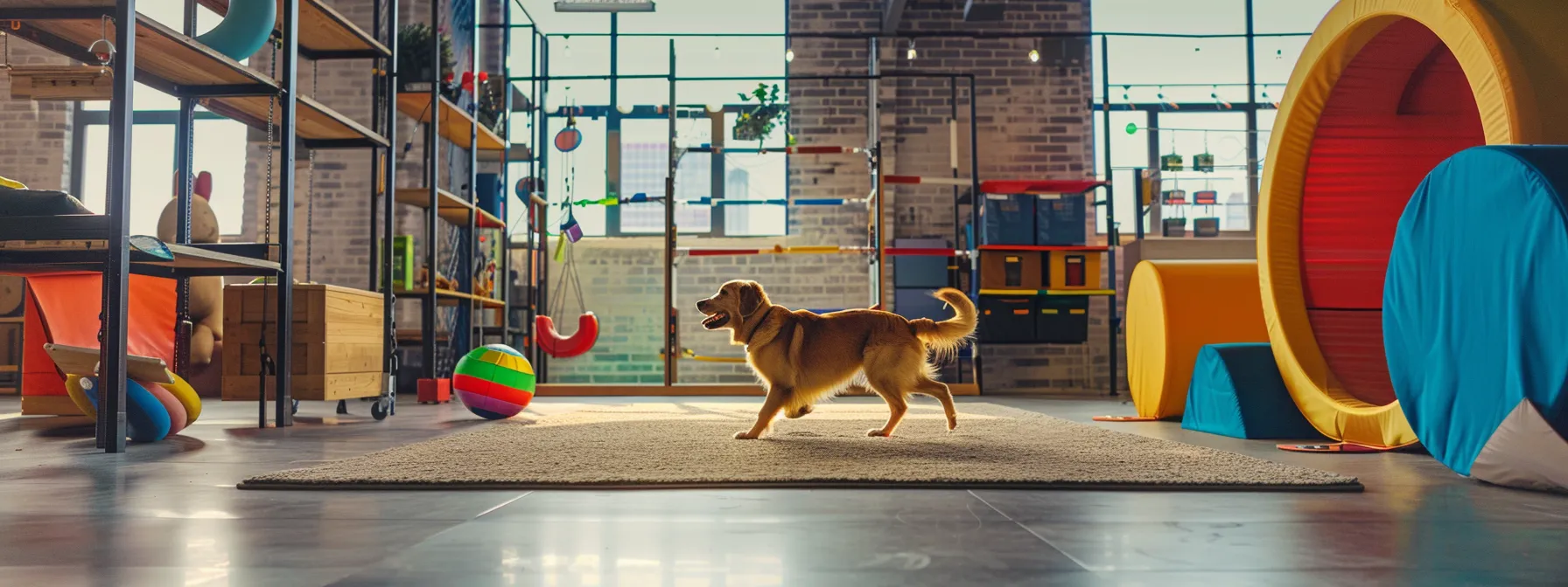 a lively indoor dog training session unfolds in a modern, brightly lit urban studio, featuring a playful golden retriever engaging with a trainer amidst an array of colorful agility equipment.