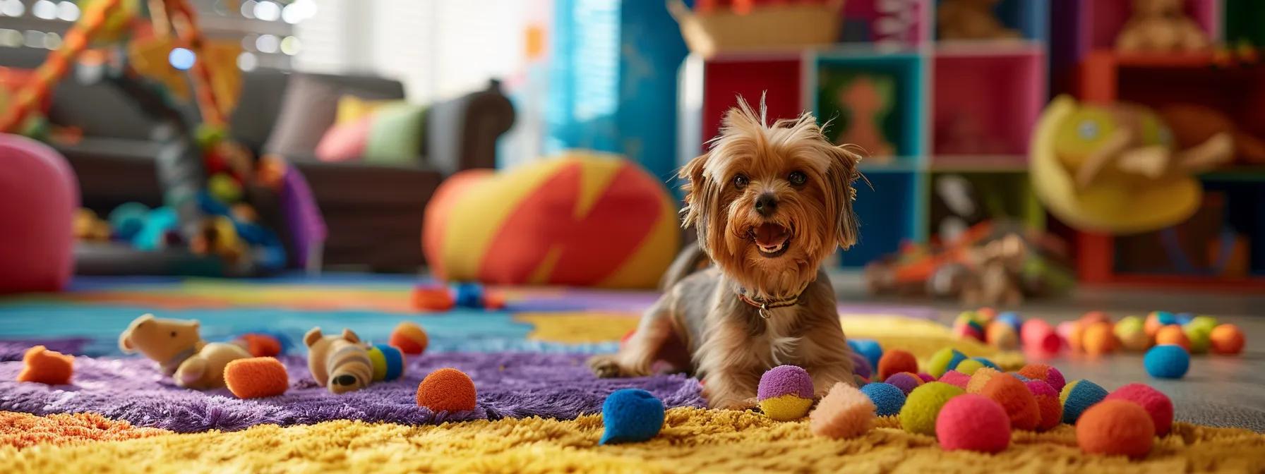 a lively indoor play area showcases an assortment of vibrant plush squeaky dog toys scattered playfully across a colorful rug, while an engaged dog enthusiastically interacts with them, highlighting the joyful interplay of instinct and domestication in canine behavior. a lively indoor play area showcases an assortment of vibrant plush squeaky dog toys scattered playfully across a colorful rug, while an engaged dog enthusiastically interacts with them, highlighting the joyful interplay of instinct and domestication in canine behavior.