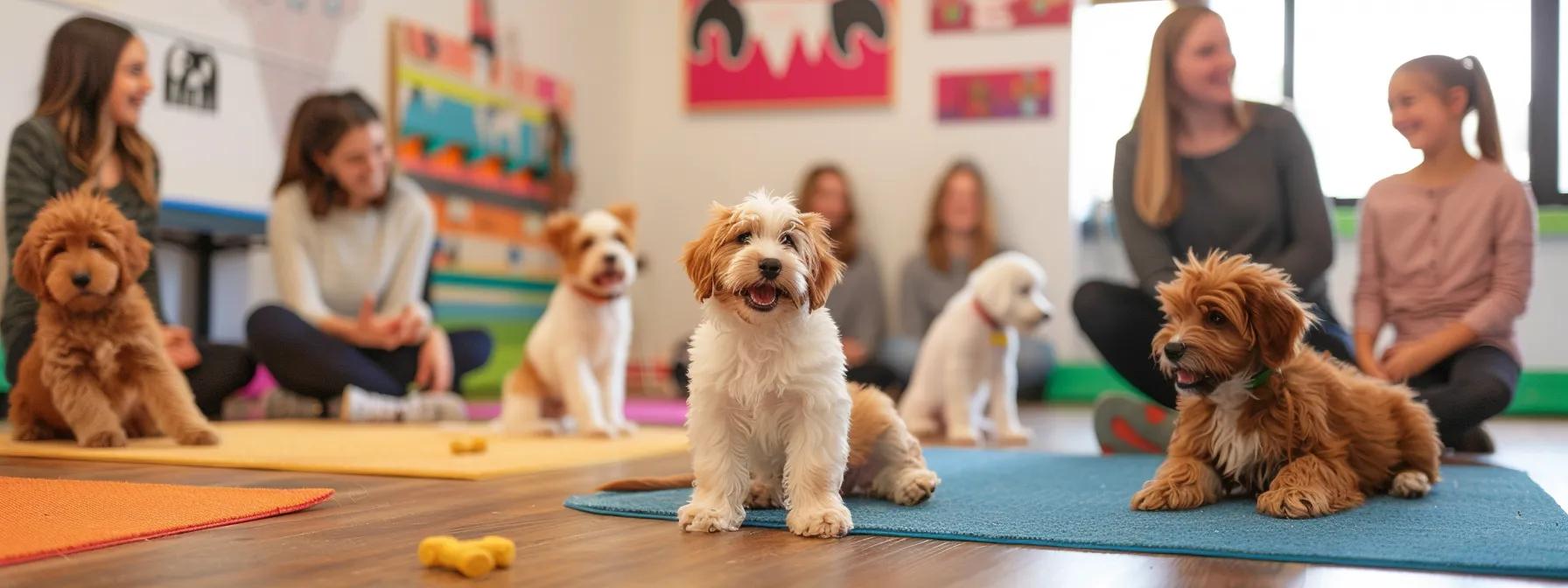 a lively indoor puppy obedience class features a group of enthusiastic doodles and retrievers engaging with their trainers, showcasing focused expressions and playful interactions amidst colorful training mats and motivational posters on the walls.