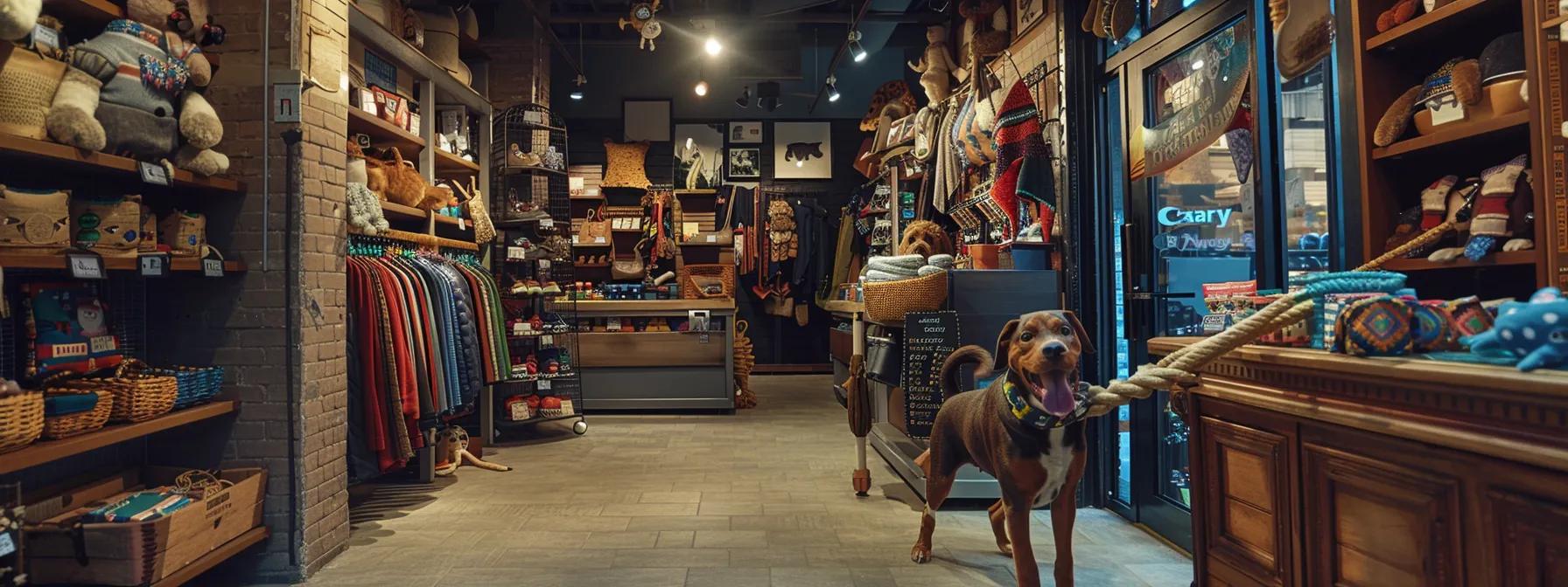 a lively pet store interior showcases a robust dog happily tugging on a durable, brightly colored rope toy, emphasizing the playful interaction while surrounded by shelves displaying various dog accessories and toys, all under warm, inviting lighting.