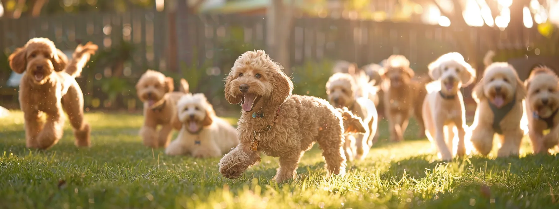 a lively scene captures a joyful group of goldendoodles and retrievers playfully interacting in a sunlit yard, showcasing the positive effects of socialization and training in their happy environment.