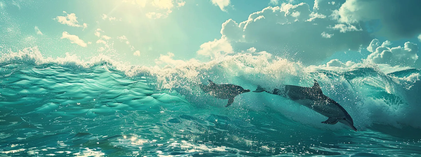 a lively scene captures a group of dolphins playfully leaping through vibrant turquoise waves under the bright sunlight, conveying a sense of joy and freedom in the open ocean.