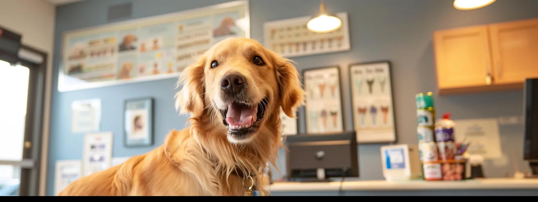 a lively veterinary clinic interior features a golden retriever joyfully chewing on a dental treat, surrounded by informative charts on dental health, highlighting the importance of routine oral care for pets. a lively veterinary clinic interior features a golden retriever joyfully chewing on a dental treat, surrounded by informative charts on dental health, highlighting the importance of routine oral care for pets.