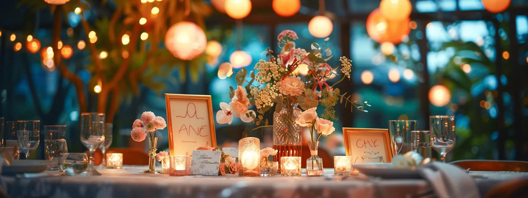 a lively wedding reception table adorned with playful, interactive favor signs featuring whimsical designs and personal touches, set against a festive backdrop of elegant decor and ambient lighting. a lively wedding reception table adorned with playful, interactive favor signs featuring whimsical designs and personal touches, set against a festive backdrop of elegant decor and ambient lighting.