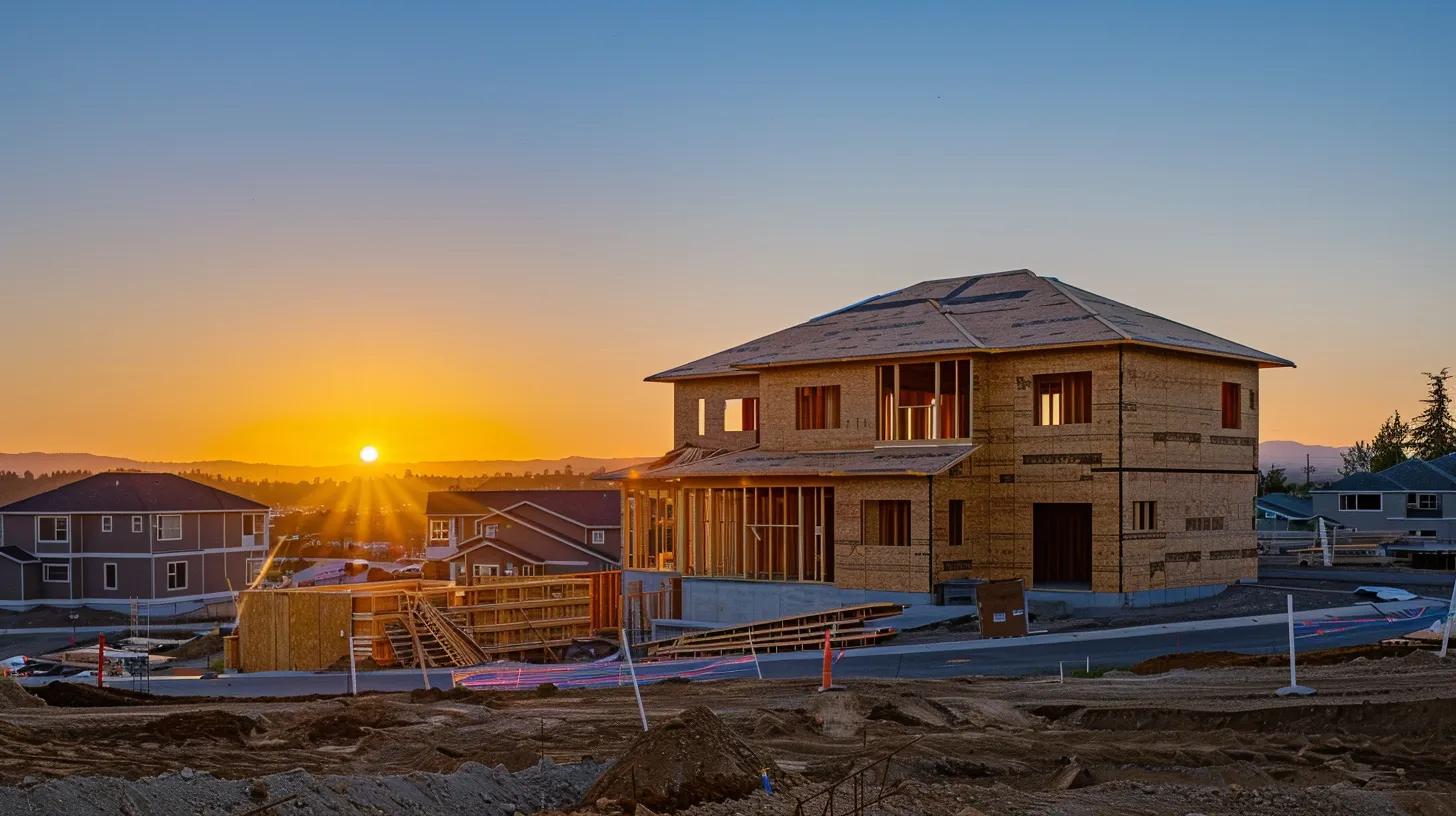 a luminous construction site at dawn, showcasing a partially built custom home framed against a clear sky, emphasizing the urgency and organization required in navigating building permit approvals. a luminous construction site at dawn, showcasing a partially built custom home framed against a clear sky, emphasizing the urgency and organization required in navigating building permit approvals.