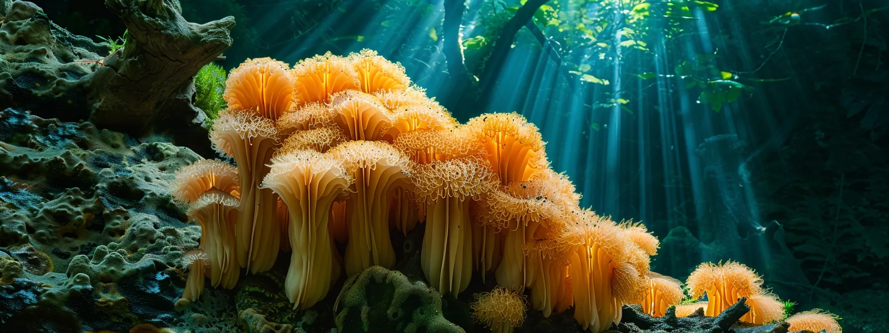 a lush arrangement of vibrant lion's mane mushrooms gracefully emerging from a rich substrate, illuminated by soft, natural light that highlights their unique texture against a backdrop of nurturing greenery.