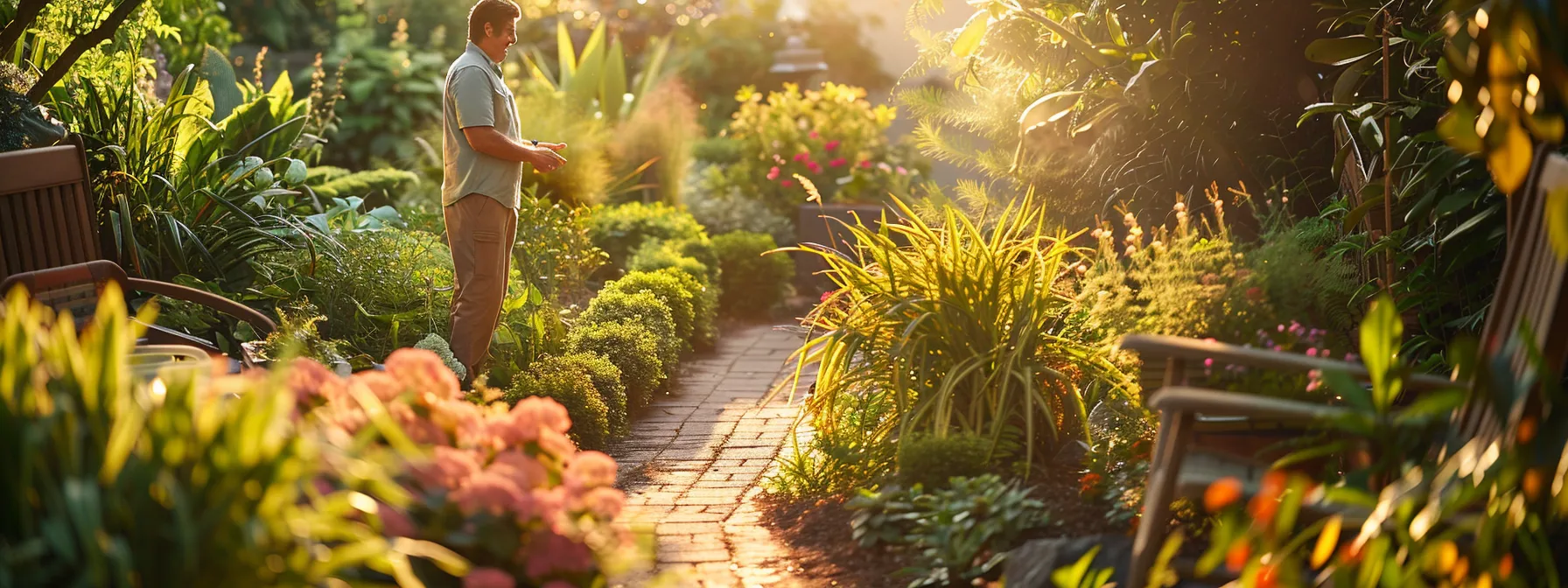 a lush, beautifully manicured garden showcasing vibrant plants and seasonal blooms, with a professional landscaper attentively discussing maintenance plans with a satisfied client under warm, golden sunlight. a lush, beautifully manicured garden showcasing vibrant plants and seasonal blooms, with a professional landscaper attentively discussing maintenance plans with a satisfied client under warm, golden sunlight.