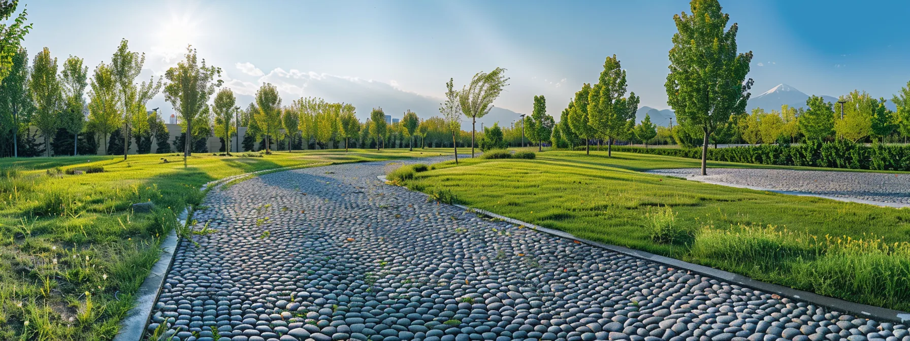 a lush green landscape features innovative permeable paving options like porous asphalt and pervious concrete, blending seamlessly with nature while promoting sustainable drainage and environmental harmony under a bright, clear sky. a lush green landscape features innovative permeable paving options like porous asphalt and pervious concrete, blending seamlessly with nature while promoting sustainable drainage and environmental harmony under a bright, clear sky.