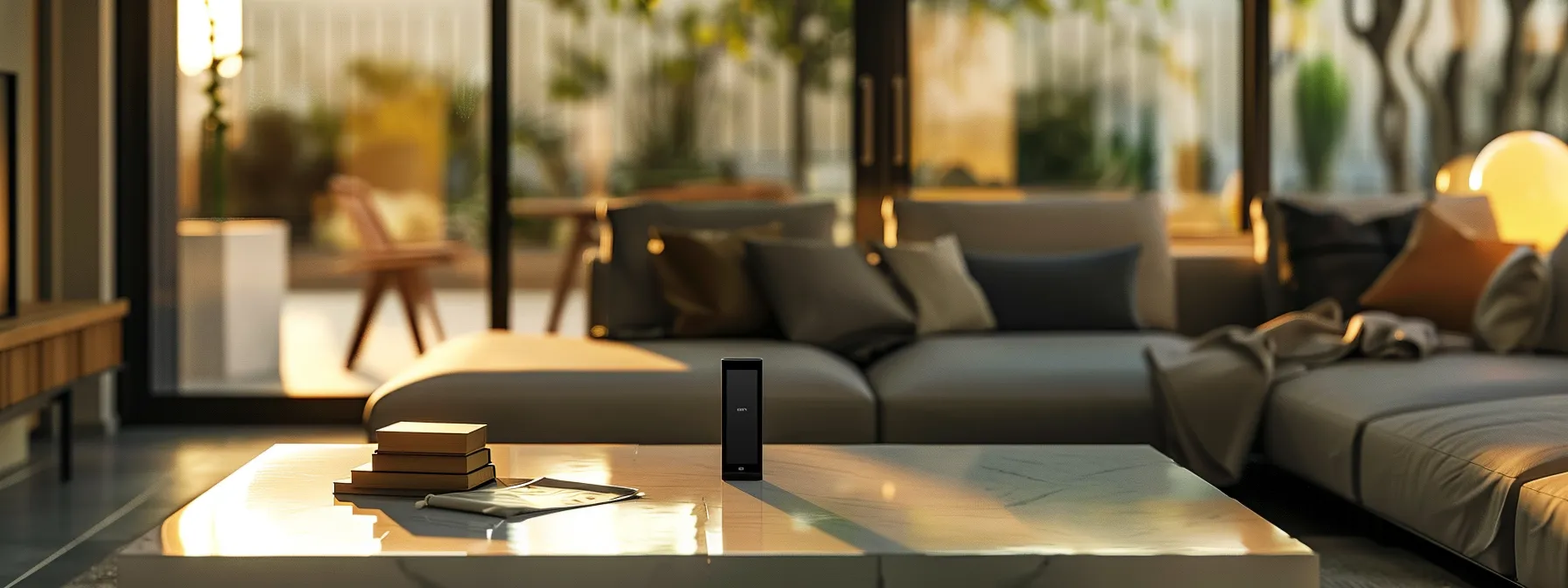 a luxurious airbnb living space showcases bright, modern interiors adorned with stylish decor, where a thoughtfully arranged welcome note and a sophisticated digital device convey proactive communication, enhancing the elegant atmosphere tailored for a seamless guest experience.