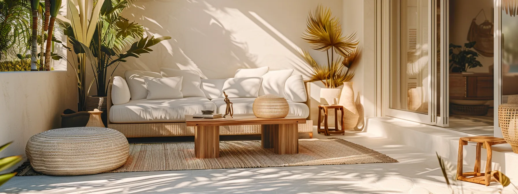 a luxurious airbnb rental showcases its bright, modern interiors with chic boutique furnishings, featuring an inviting sunny outdoor seating area that embodies a high-end holiday lifestyle, perfectly tailored for affluent short-term rental marketing.