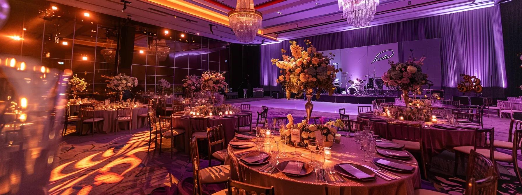 a luxurious banquet hall adorned with sophisticated, bespoke decor featuring elegant table settings and immersive lighting, complemented by a stage where a live band energizes the atmosphere, showcasing the contrast between high-end and standard event packages.