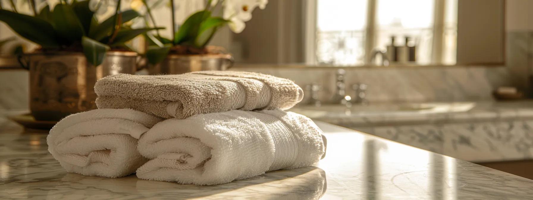 a luxurious bathroom setting features plush hotel collection towels elegantly arranged on a marble countertop, complemented by aesthetically pleasing decorative elements that highlight the refined care and maintenance routine expected in premium hospitality environments.