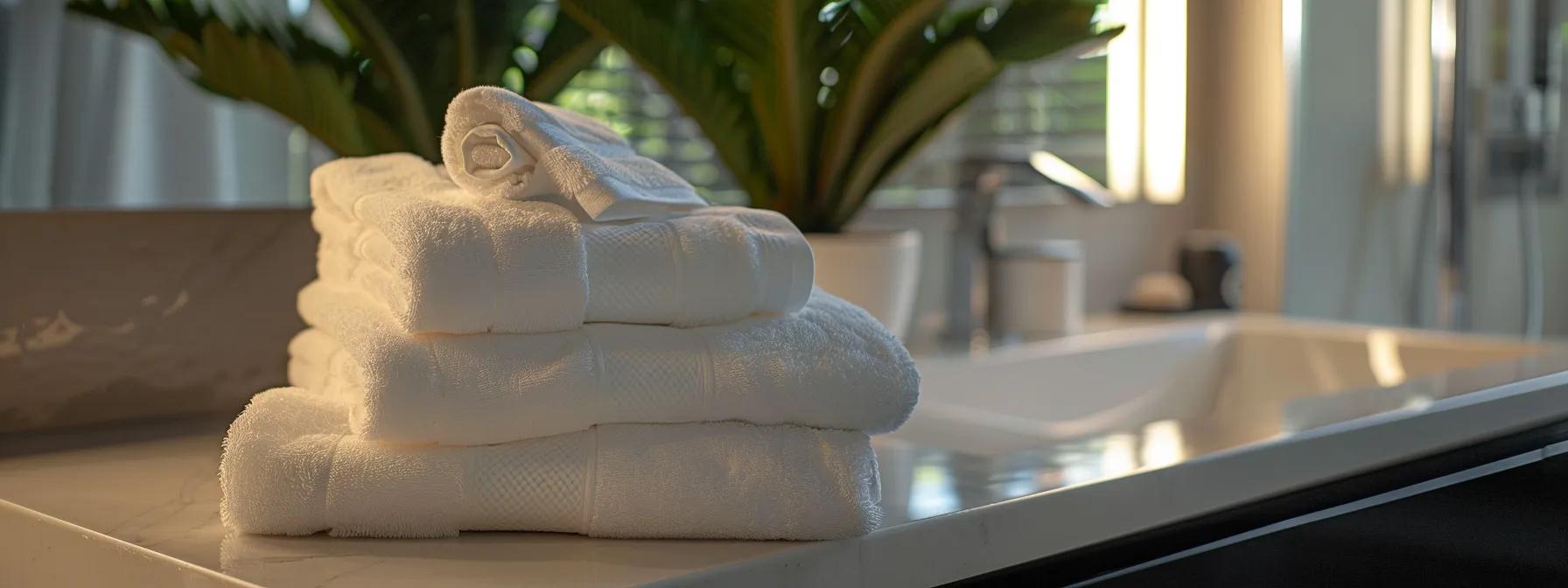 a luxurious bathroom setting showcases an elegant arrangement of plush hotel collection towels in various sizes, highlighting their quality and sophistication against a sleek, modern backdrop.