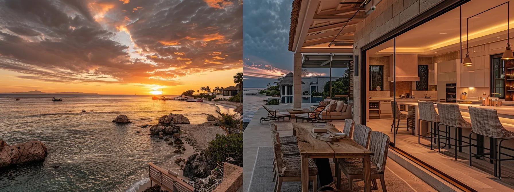 a luxurious beachfront villa with expansive ocean views and elegant outdoor dining set against a vibrant sunset, evoking tranquility and romance.