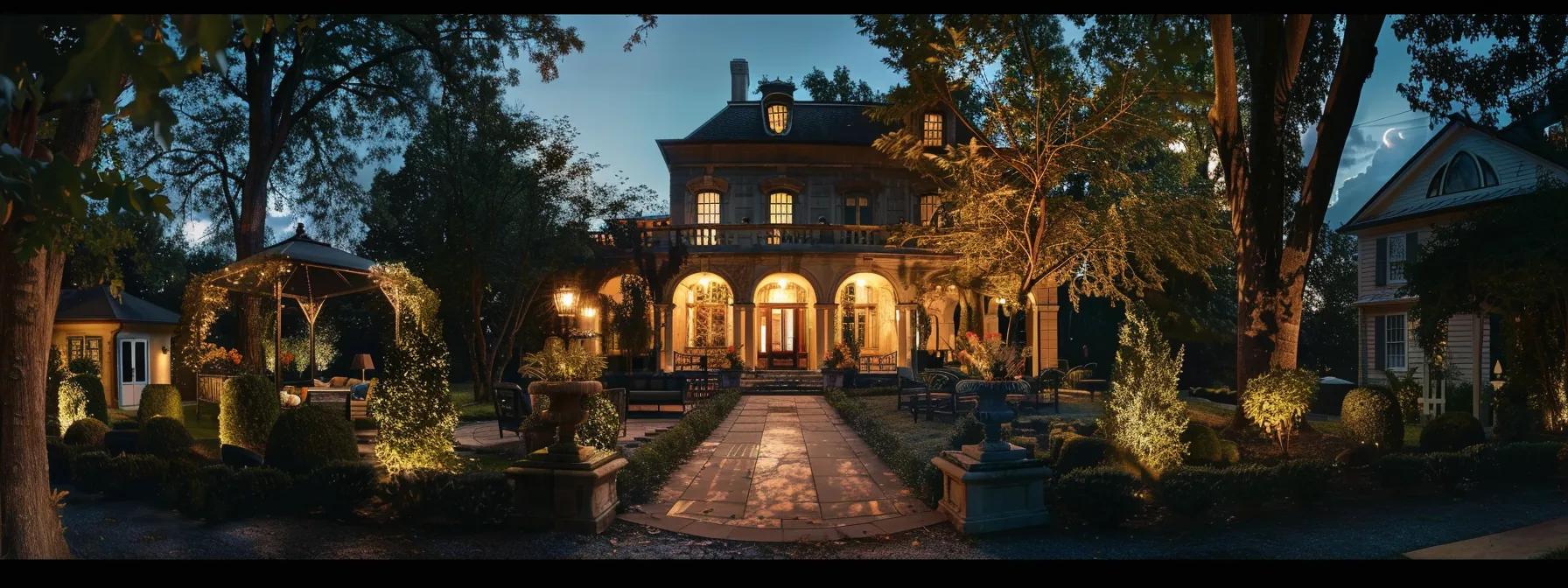 a luxurious belle meade home, showcasing a blend of historic architecture and modern amenities, is illuminated in soft, ambient lighting, with elegant outdoor living spaces that highlight built-in barbecues and a sparkling pool, set against an upscale neighborhood backdrop. a luxurious belle meade home, showcasing a blend of historic architecture and modern amenities, is illuminated in soft, ambient lighting, with elegant outdoor living spaces that highlight built-in barbecues and a sparkling pool, set against an upscale neighborhood backdrop.