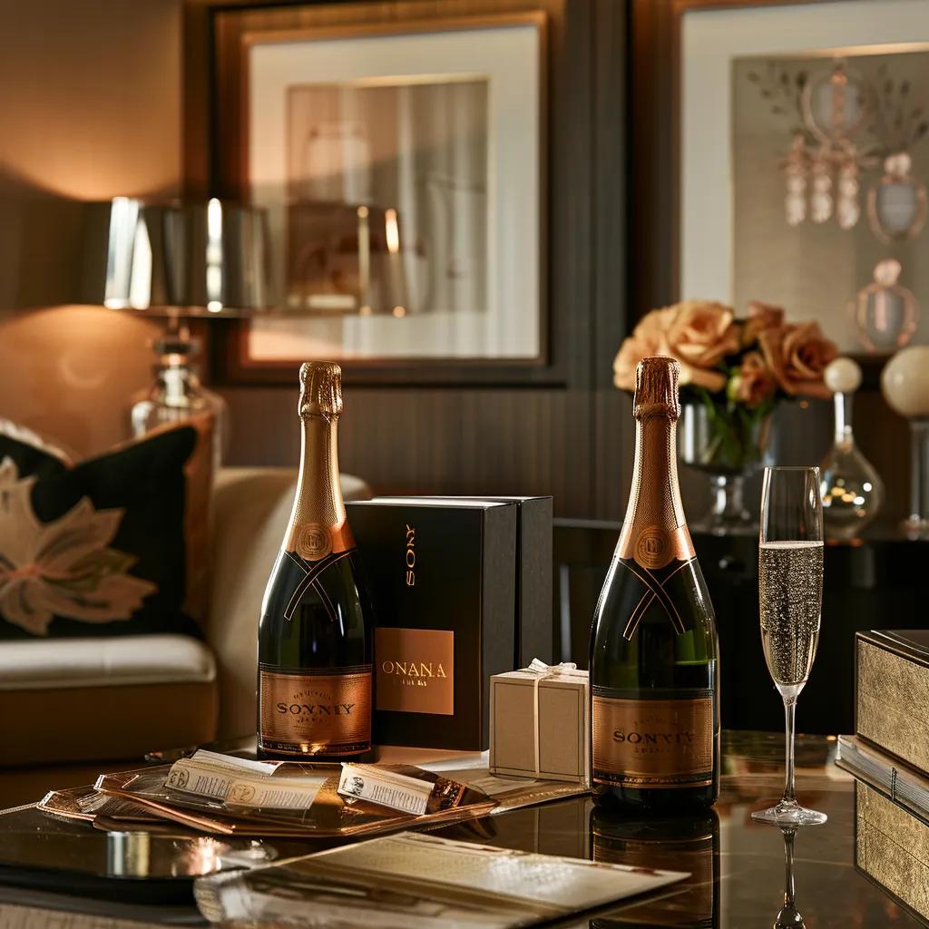 a luxurious champagne delivery service is showcased in an elegant, upscale london apartment, featuring a beautifully arranged table adorned with sophisticated bottles of champagne, exquisite glassware, and personalised gift notes, set against a backdrop of stylish decor and warm ambient lighting.