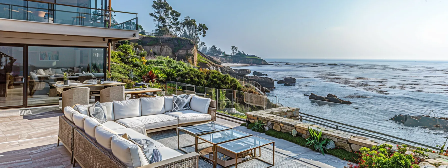 a luxurious coastal airbnb interior featuring bright, modern furnishings and hotel-quality linens, set in an immaculate space with sunny outdoor seating that exudes a sophisticated yet inviting holiday vibe, perfect for showcasing the importance of insurance protection for hosts.