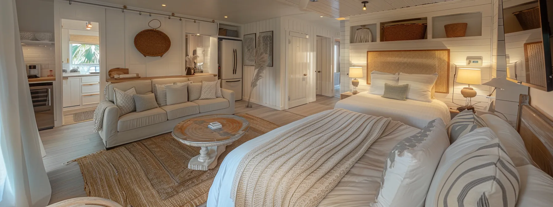 a luxurious coastal airbnb interior features bright, modern furnishings and meticulously arranged hotel-quality linens, creating an inviting, boutique-style atmosphere perfect for showcasing the balance of investment potential and lifestyle appeal in short-term rentals.