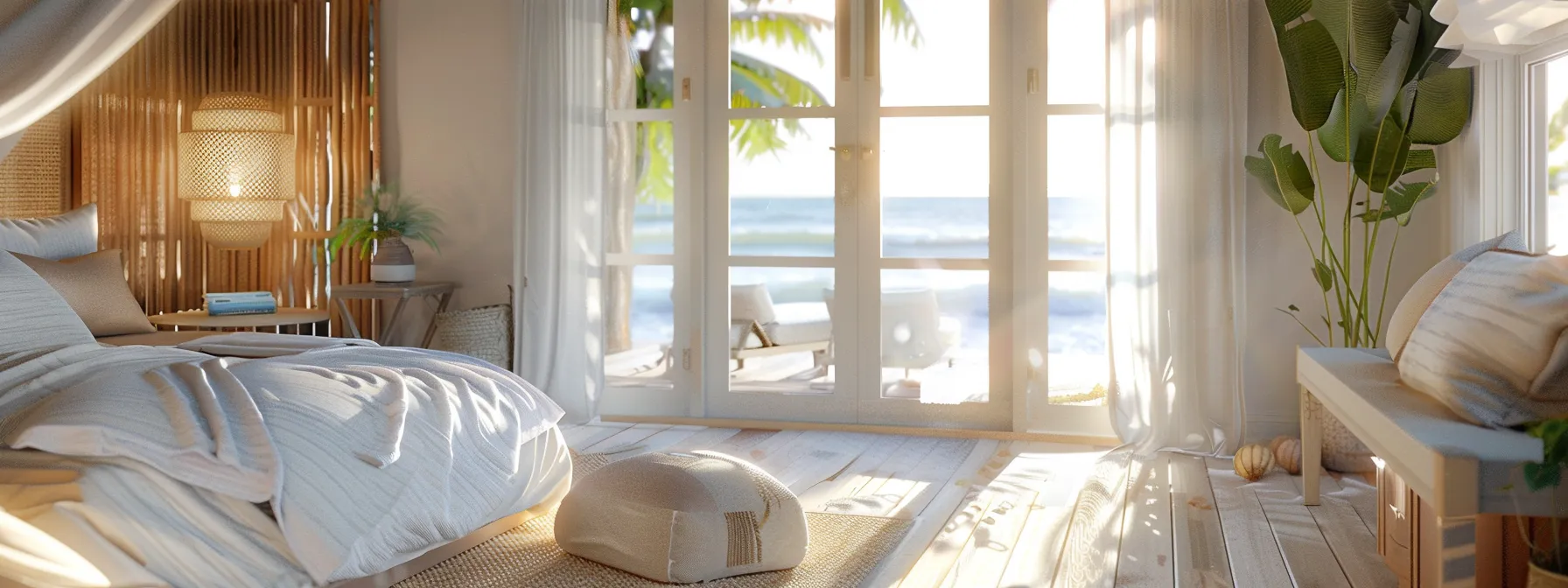 a luxurious coastal airbnb interior showcases bright, modern design elements with eco-friendly amenities and elegant linens, exuding a serene holiday ambiance enhanced by thoughtfully arranged outdoor seating.