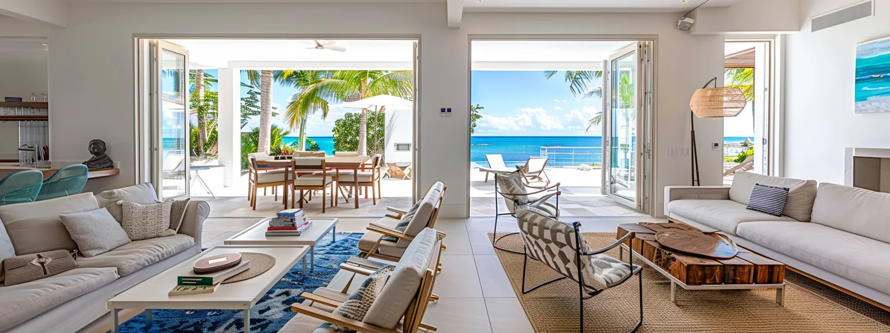 a luxurious coastal airbnb interior featuring bright, modern decor with hotel-quality furnishings and a chic boutique ambiance, complemented by sunny outdoor seating that evokes a serene holiday atmosphere.