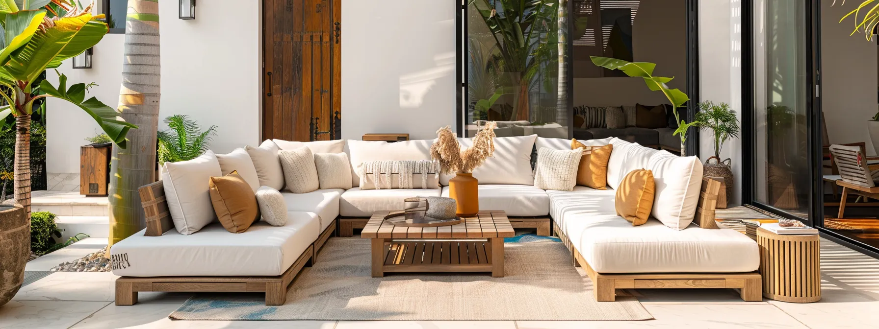 a luxurious coastal airbnb interior features bright, modern furnishings with immaculate hotel-quality linens, stylish outdoor seating under soft lighting, creating an inviting atmosphere ideal for families, couples, and remote workers enjoying a summer getaway.