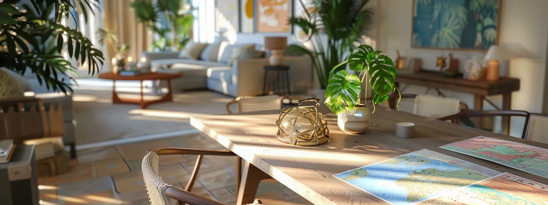 a luxurious coastal airbnb interior showcases bright, modern furnishings and stylish decor, with a sleek table displaying vibrant maps and brochures of local attractions, exuding an inviting and sophisticated ambiance perfect for discerning guests.