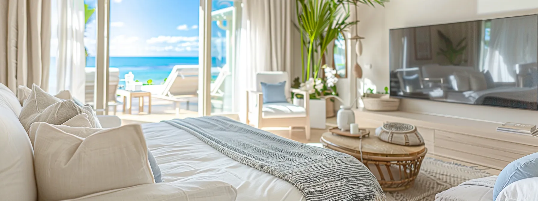 a luxurious coastal airbnb interior, featuring bright, modern furnishings and hotel-quality linens, exudes a boutique feel with immaculate cleanliness and stylish outdoor seating, perfectly capturing the appeal of high-end short-term rentals.