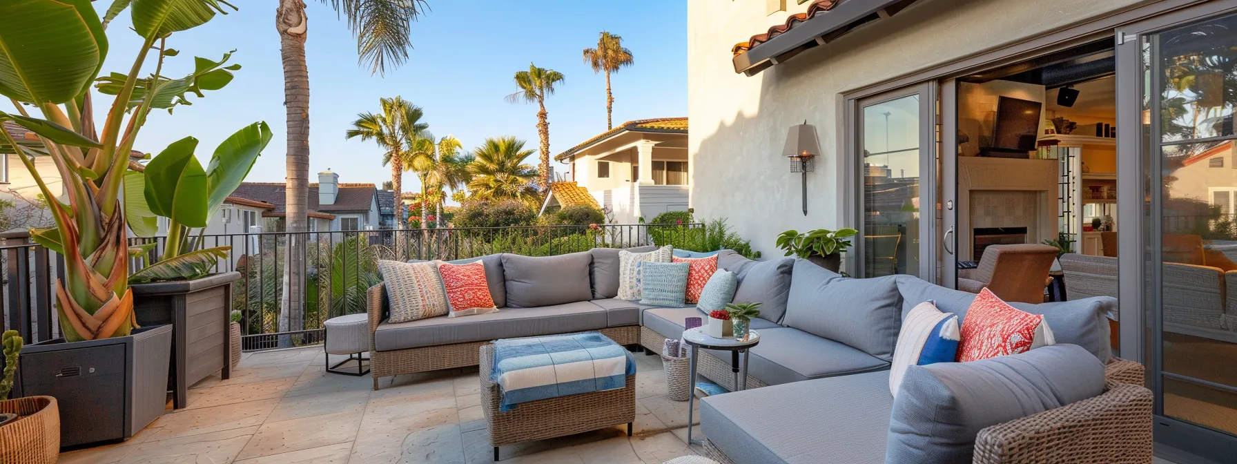 a luxurious coastal airbnb showcases its bright, modern interiors with an inviting outdoor seating area, perfectly styled for long-term stays and remote work, highlighting tailored amenities and a serene holiday atmosphere.