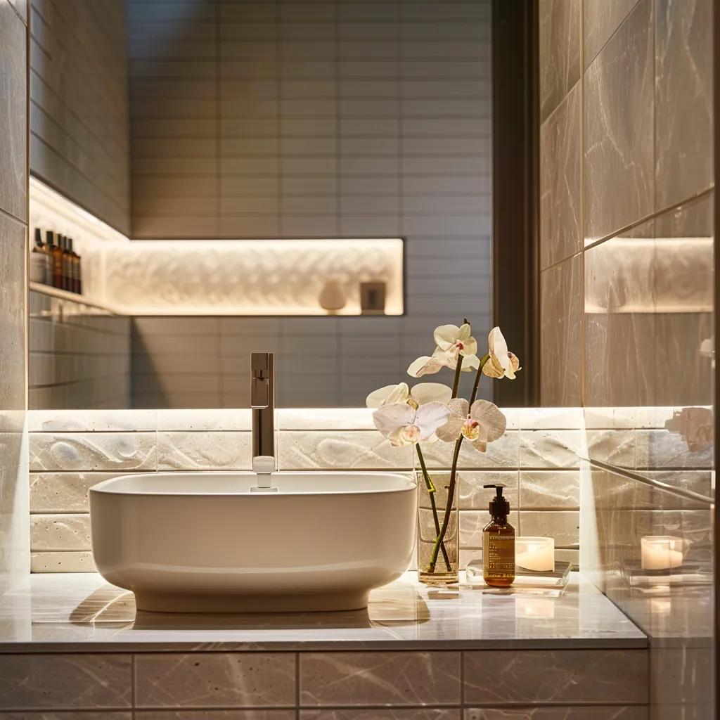 a luxurious designer bathroom showcases sleek, modern fixtures, elegant vanity essentials, and stylish accents against a contemporary tiled backdrop, emphasizing sophistication and elegance in interior design.