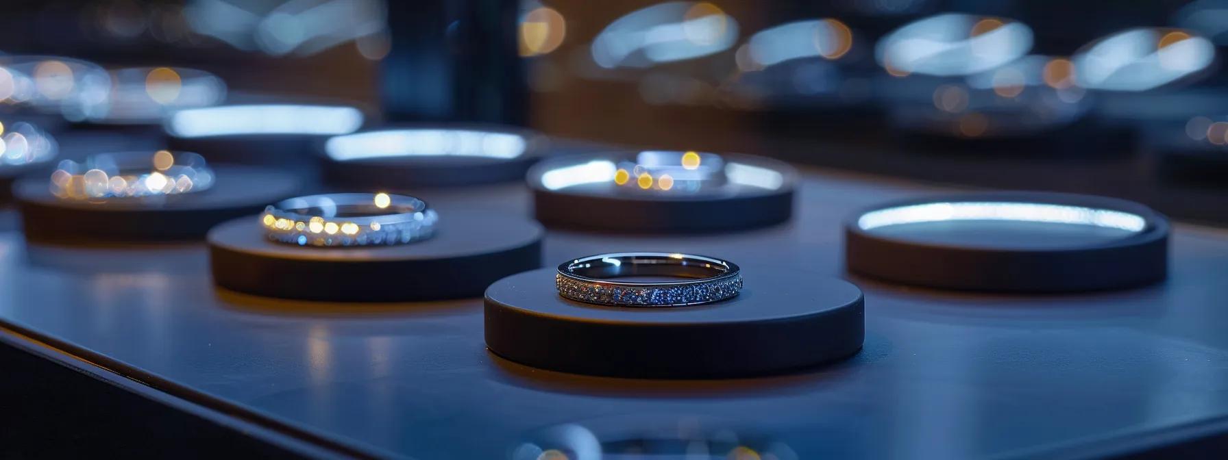 a luxurious display showcases an array of unique wedding band rings, each illuminated under sleek, modern office lighting, emphasizing their intricate designs and diverse materials in a sophisticated jewelry boutique setting. a luxurious display showcases an array of unique wedding band rings, each illuminated under sleek, modern office lighting, emphasizing their intricate designs and diverse materials in a sophisticated jewelry boutique setting.