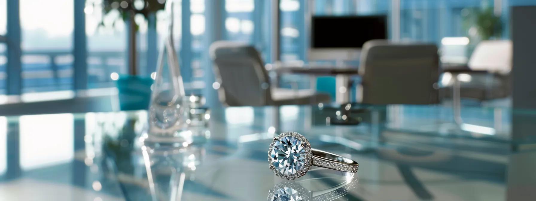 a luxurious engagement ring with a sparkling gemstone is elegantly displayed on a sleek glass surface in a contemporary office setting, symbolizing the perfect balance between cost and quality in modern jewelry selection. a luxurious engagement ring with a sparkling gemstone is elegantly displayed on a sleek glass surface in a contemporary office setting, symbolizing the perfect balance between cost and quality in modern jewelry selection.