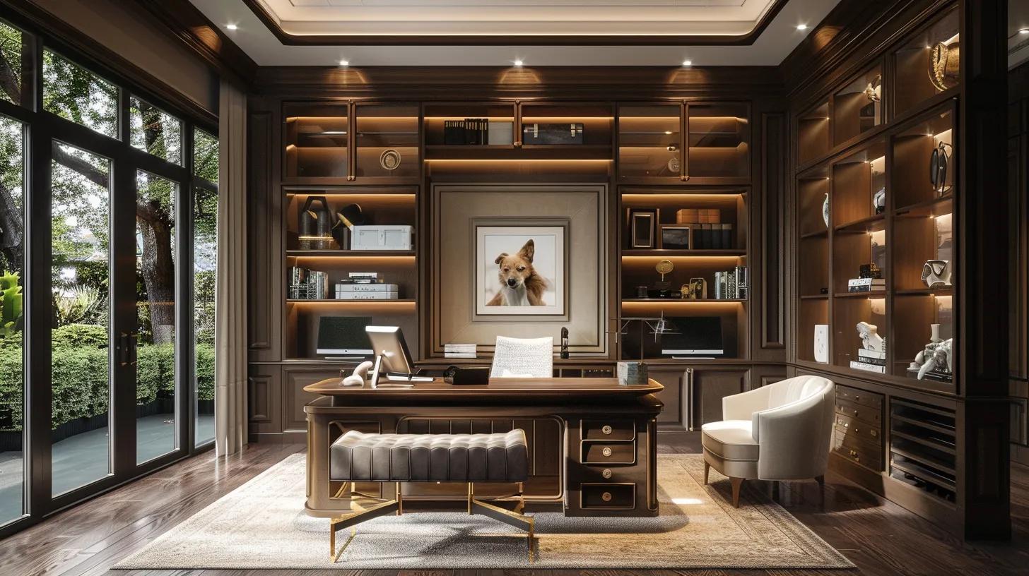 a luxurious home office is adorned with premium dog accessories and veterinary care products, illustrating the ongoing financial commitment required for owning an expensive dog breed. a luxurious home office is adorned with premium dog accessories and veterinary care products, illustrating the ongoing financial commitment required for owning an expensive dog breed.