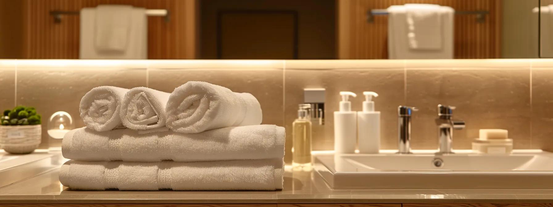 a luxurious hotel bathroom showcases an elegantly arranged collection of plush, pristine white towels draped over a sleek, modern countertop, highlighting the opulence and comfort expected in a high-end accommodation.