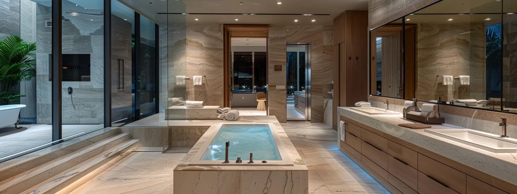 a luxurious houston bathroom features modern high-end fixtures, a relaxing spa-like atmosphere, and bespoke design elements, illuminated by warm ambient lighting that highlights the opulence of marble surfaces and sleek technology.