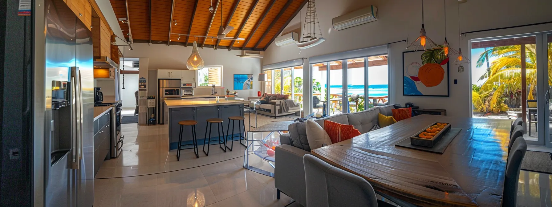 a luxurious, immaculately clean coastal airbnb kitchen showcases gleaming stainless steel appliances and bright, modern decor, set against a backdrop of sunlit, inviting space, ideal for demonstrating effective cleaning solutions and maintaining a high-end lifestyle ambiance.