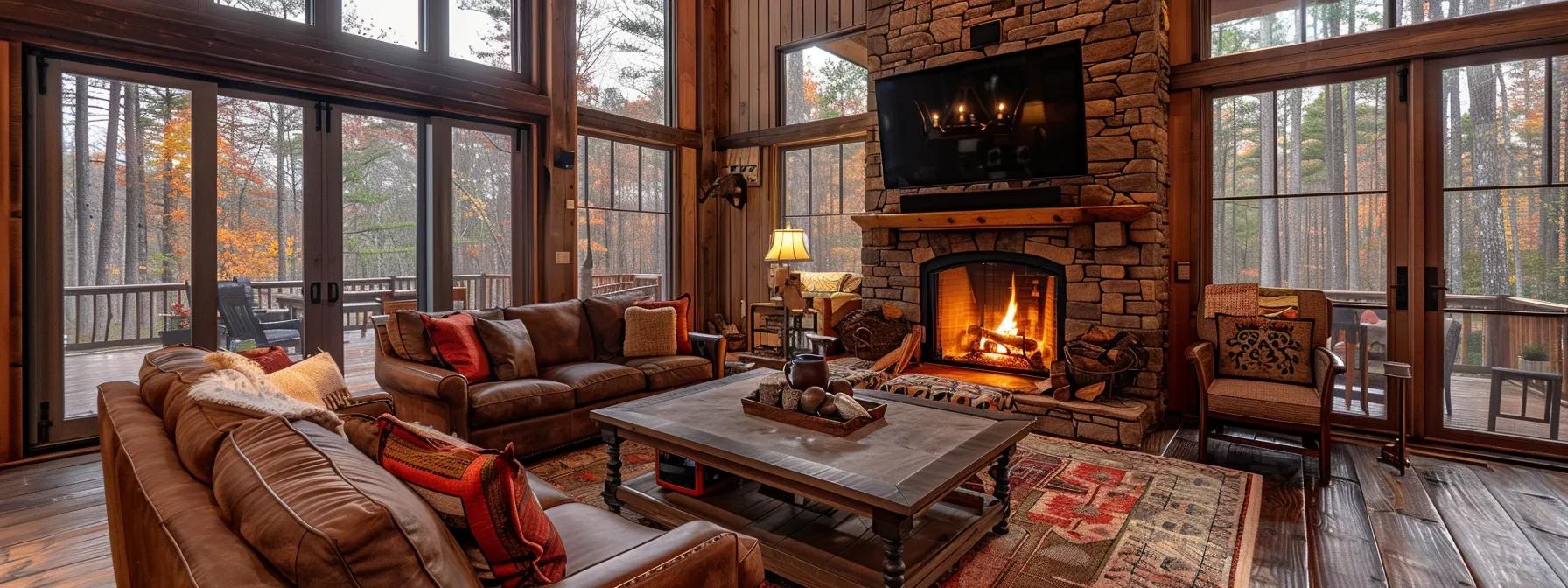 a luxurious interior of a romantic lodge in blue ridge, georgia, showcasing an elegantly appointed living area with plush furnishings, warm ambient lighting, and a cozy fireplace, highlighting the allure of upscale rental options for couples seeking a memorable getaway.