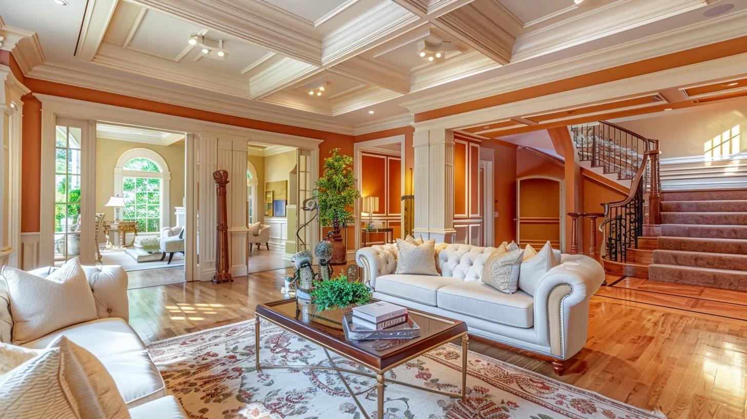 a luxurious interior showcases elegantly painted walls and a stylish ceiling adorned with decorative wood paneling and intricate crown molding, creating a refined and sophisticated atmosphere. a luxurious interior showcases elegantly painted walls and a stylish ceiling adorned with decorative wood paneling and intricate crown molding, creating a refined and sophisticated atmosphere.