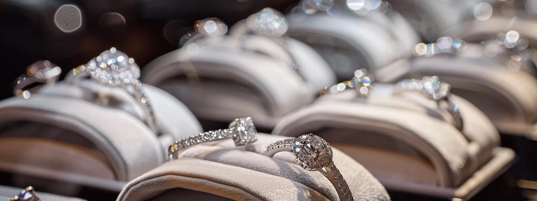 a luxurious jewelry store in las vegas showcases an array of dazzling engagement rings under elegant display lighting, emphasizing a blend of classic and modern designs to entice budget-conscious shoppers. a luxurious jewelry store in las vegas showcases an array of dazzling engagement rings under elegant display lighting, emphasizing a blend of classic and modern designs to entice budget-conscious shoppers.