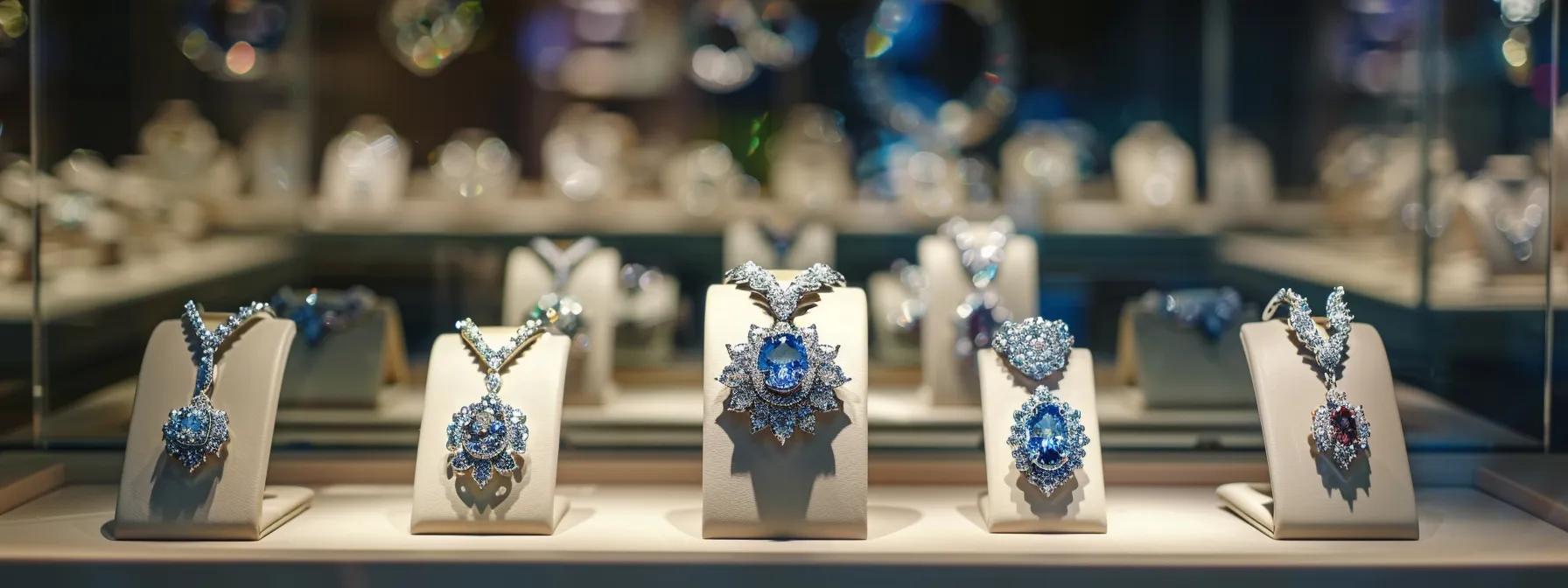 a luxurious jewelry studio showcases an array of exquisite custom pieces—brilliant diamond engagement rings and intricately designed pendants—dressed in elegant display cases that highlight the meticulous craftsmanship and quality of materials. a luxurious jewelry studio showcases an array of exquisite custom pieces—brilliant diamond engagement rings and intricately designed pendants—dressed in elegant display cases that highlight the meticulous craftsmanship and quality of materials.