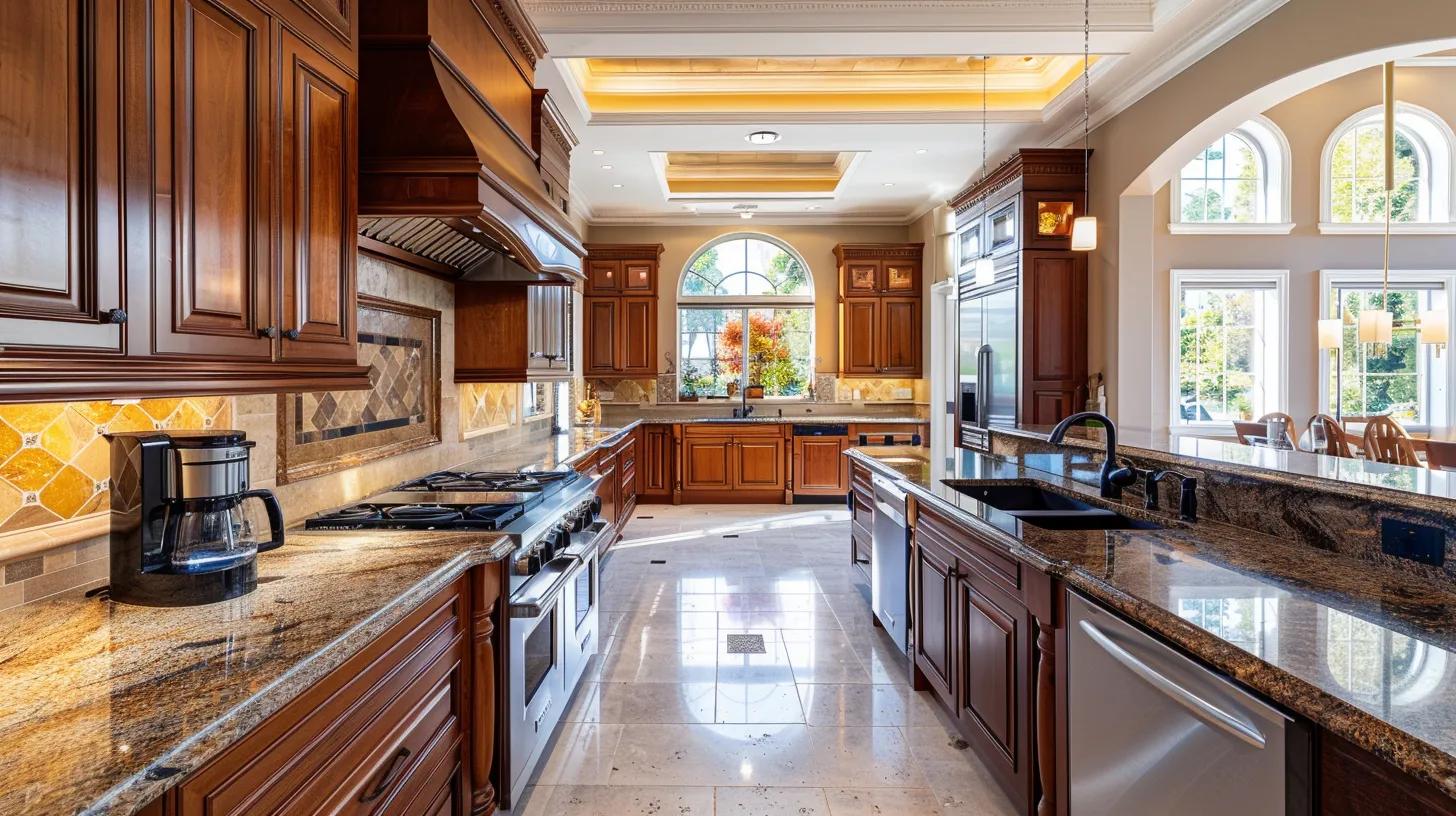 a luxurious kitchen adorned with sleek, high-end appliances and custom cabinetry, bathed in natural light, showcasing an inviting and elegant atmosphere. a luxurious kitchen adorned with sleek, high-end appliances and custom cabinetry, bathed in natural light, showcasing an inviting and elegant atmosphere.