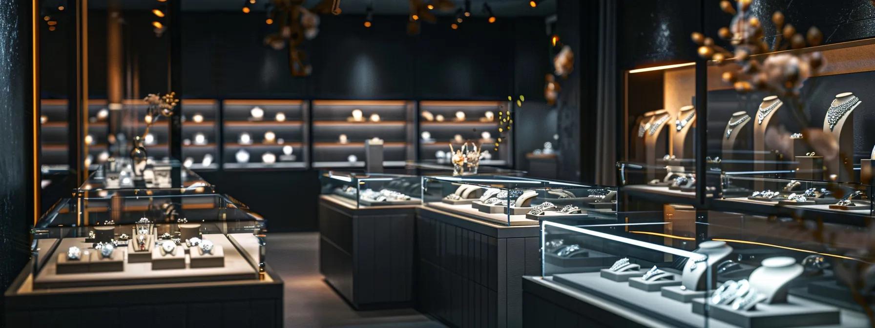 a luxurious las vegas jewelry showroom features a dazzling array of flawless diamonds, expertly illuminated under sleek modern track lighting, showcasing their brilliance and clarity against polished black display cases. a luxurious las vegas jewelry showroom features a dazzling array of flawless diamonds, expertly illuminated under sleek modern track lighting, showcasing their brilliance and clarity against polished black display cases.