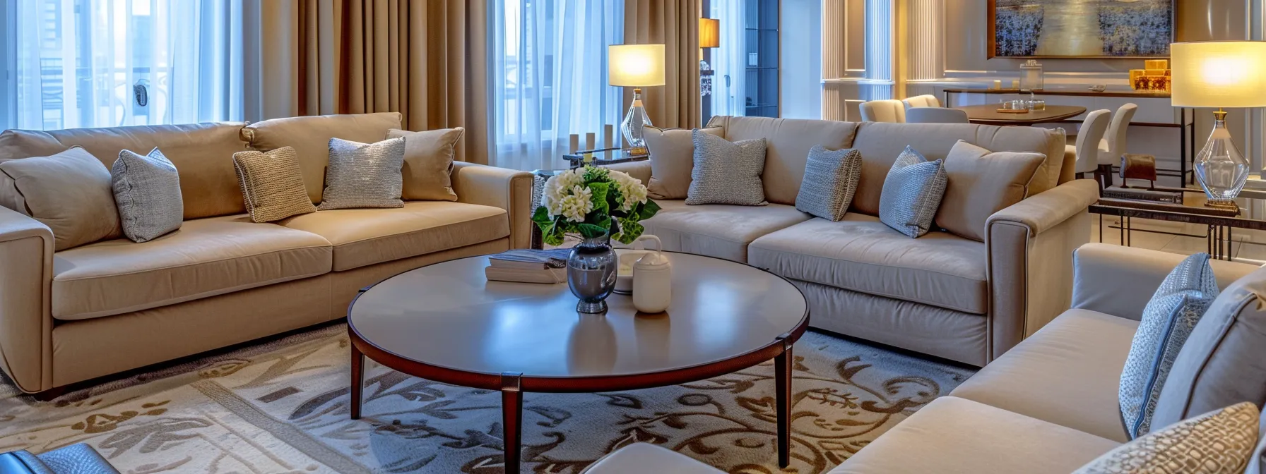 a luxurious living room showcases impeccably cleaned sofas and couches with vibrant upholstery, highlighting the transformation achieved through professional steam cleaning as soft, diffused lighting enhances their refreshed appearance.