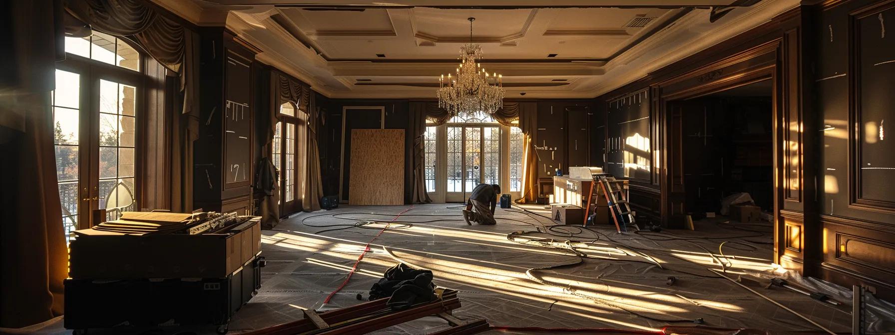 a luxurious master suite being renovated with contractors at work, ensuring quality and efficiency in compliance with building codes. a luxurious master suite being renovated with contractors at work, ensuring quality and efficiency in compliance with building codes.