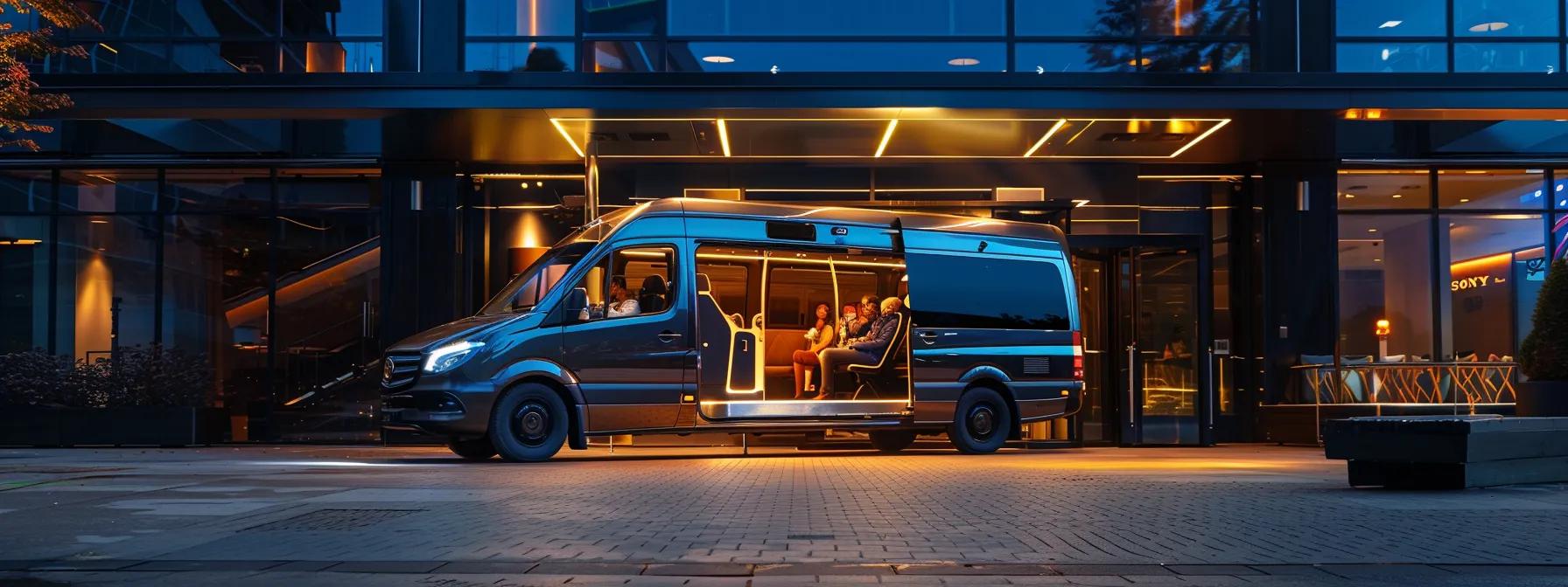 a luxurious mini bus, elegantly parked outside a bustling corporate venue, showcases its plush interiors and professional driver while a group of satisfied customers shares hearty laughs and stories, highlighting the comfort and enjoyment of their group outing. a luxurious mini bus, elegantly parked outside a bustling corporate venue, showcases its plush interiors and professional driver while a group of satisfied customers shares hearty laughs and stories, highlighting the comfort and enjoyment of their group outing.